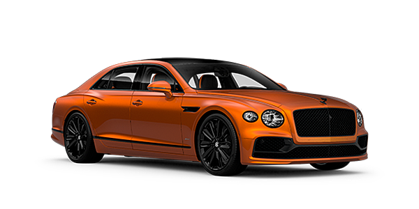 Bentley Berlin Bentley Flying Spur Speed front side angled view in Orange Flame coloured exterior. 