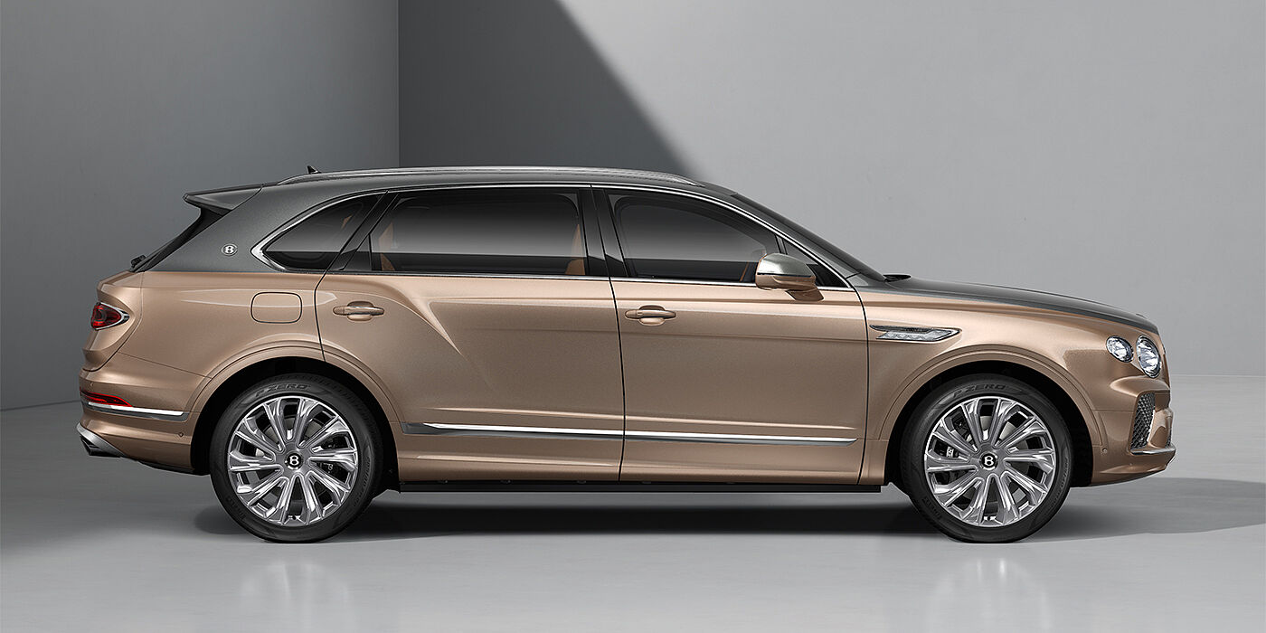 Bentley Berlin Bentley Bentayga EWB Mulliner SUV in Magnetic and Rose Gold paint and 22" Mulliner wheels profile