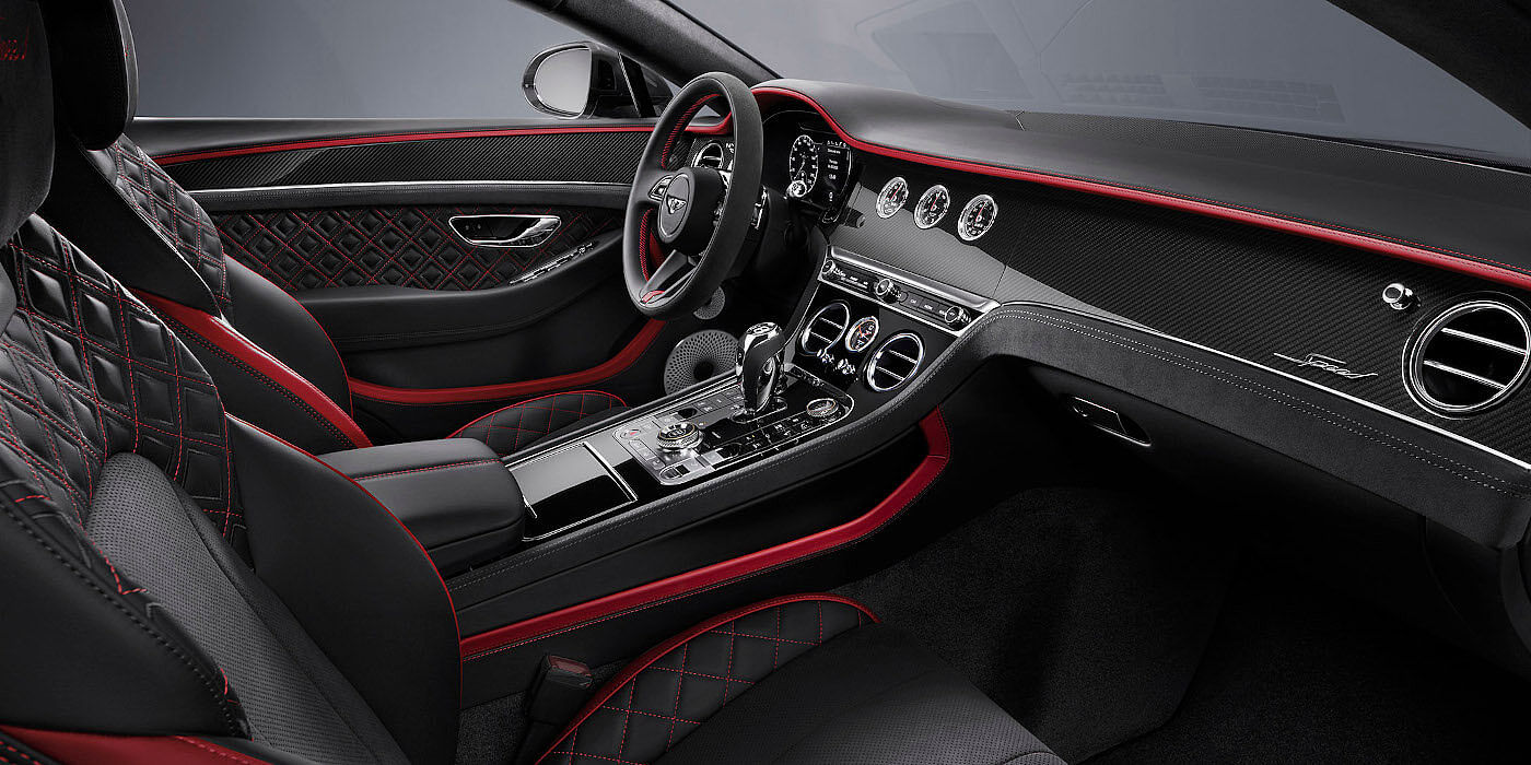 Bentley Berlin Bentley Continental GT Speed coupe front interior in Beluga black and Hotspur red hide
