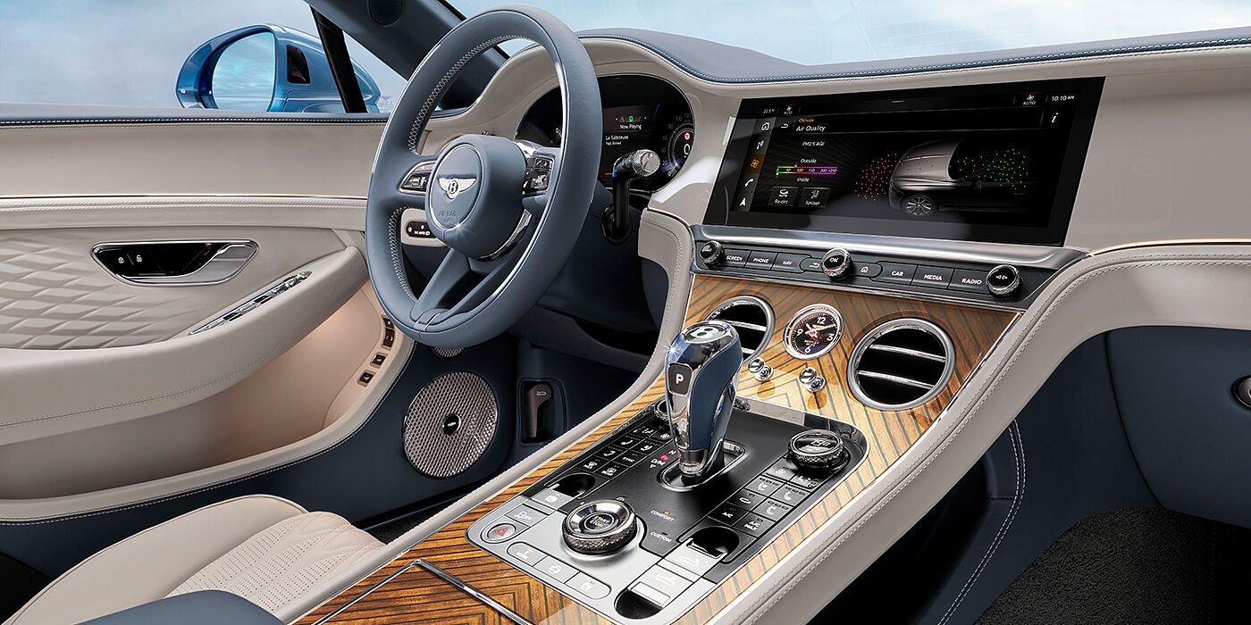 Bentley Berlin New Bentley Continental GTC Azure convertible interior front cabin view with Linen and Brunel hides and Piano Linen by Mulliner veneer featuring centre console and centre MMI screen