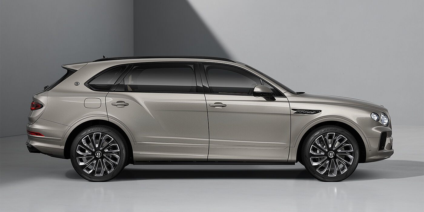 Bentley Berlin Bentayga EWB Artenara Edition SUV in Pale Brodgar paint with 22" Mulliner Gloss black wheel profile