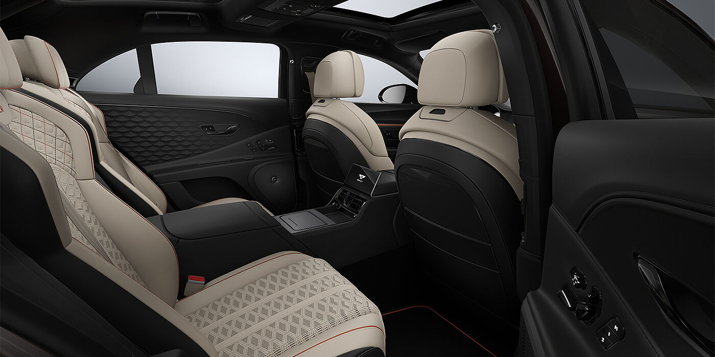 Bentley Berlin New Bentley Flying Spur Mulliner sedan rear interior in Portland and Beluga Black hides with Grand Black veneer