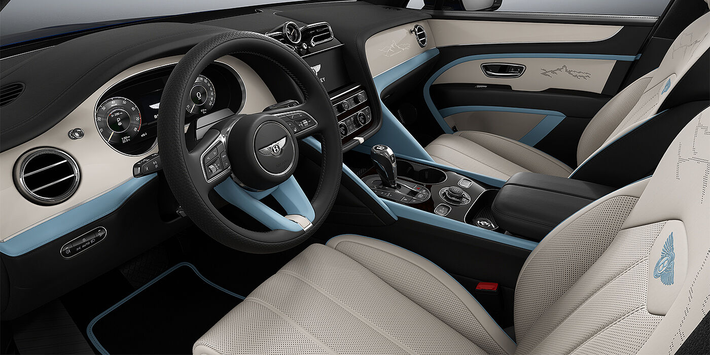 Bentley Berlin Bentley Bentayga Artenara Edition SUV front cabin in Linen and Beluga Black hides with Light Blue accents and Piano Linen veneer