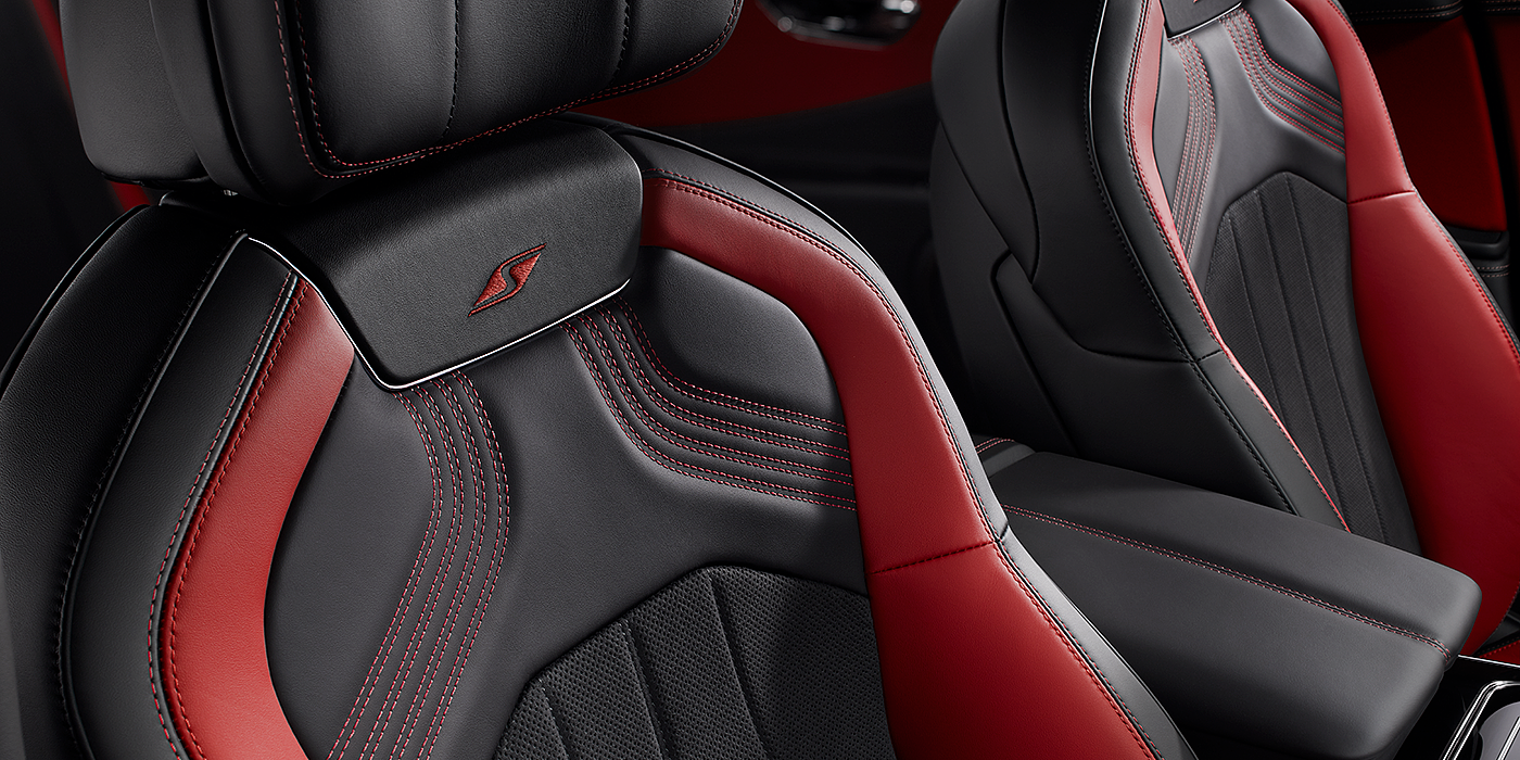 Bentley Berlin Bentley Flying Spur S seat in Beluga black and \hotspur red hide with S emblem stitching