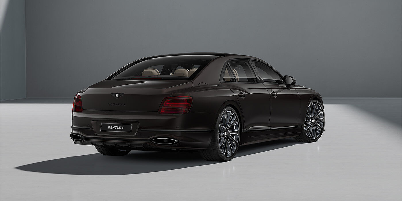 Bentley Berlin New Bentley Flying Spur Mulliner sedan in Havana brown paint rear 3/4 with 22" Mulliner Black Painted & Polished wheels