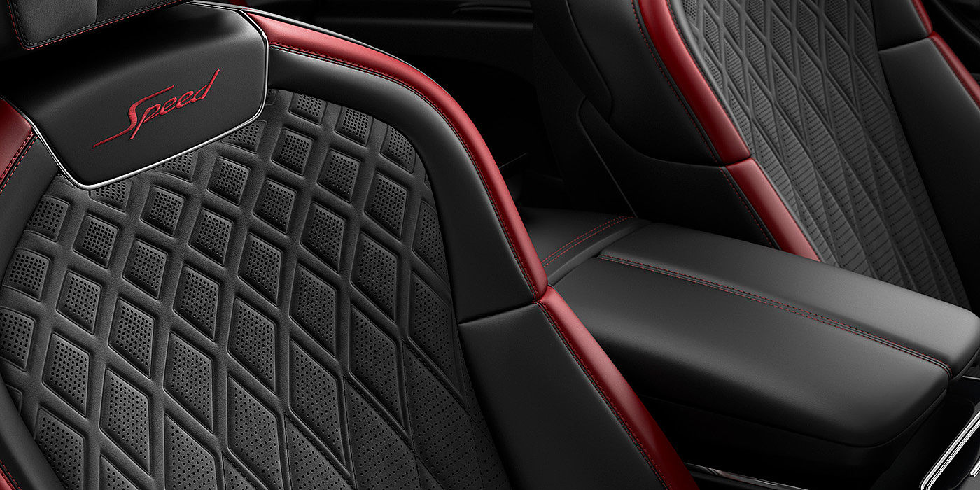 Bentley Berlin Bentley Flying Spur Speed sedan seat stitching detail in Beluga black and Cricket Ball red hide