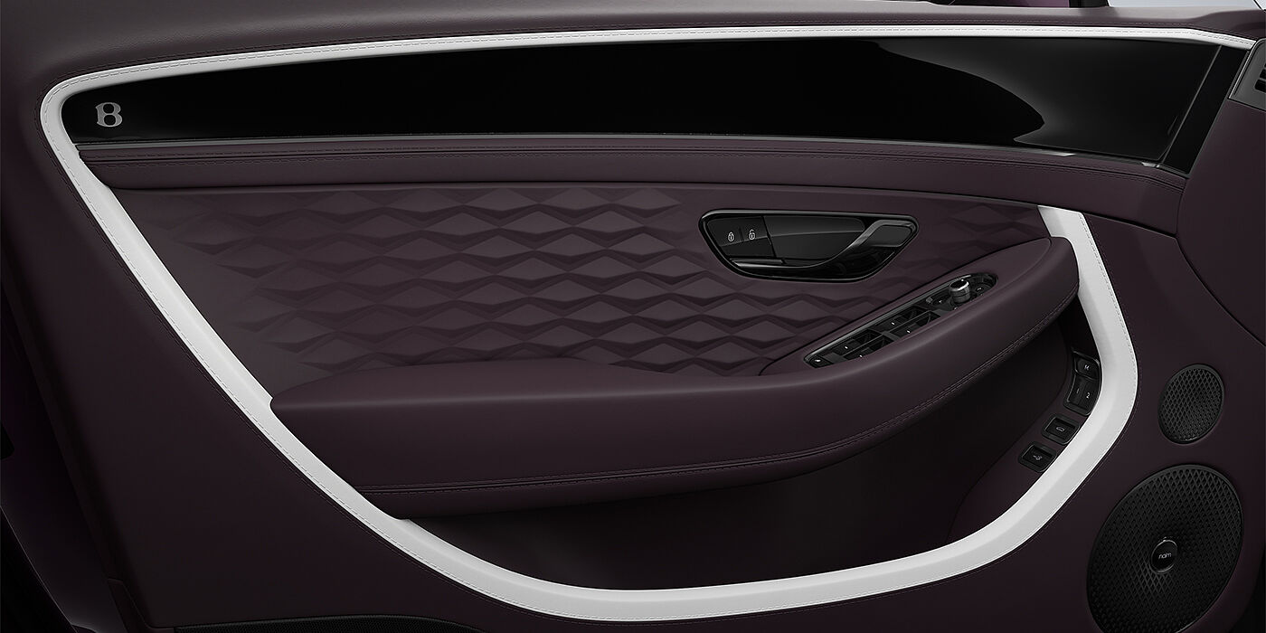 Bentley Berlin Bentley Continental GT Mulliner coupe door detail in Beluga black and Damson hides with white accent hide