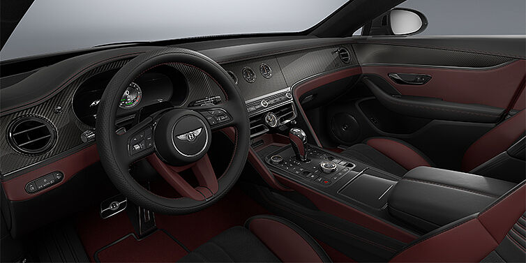 Bentley Berlin New Bentley Flying Spur S sedan front interior in Cricket Ball red  and Beluga Black hides with Diamond Brushed Dark Tint Aluminium veneer