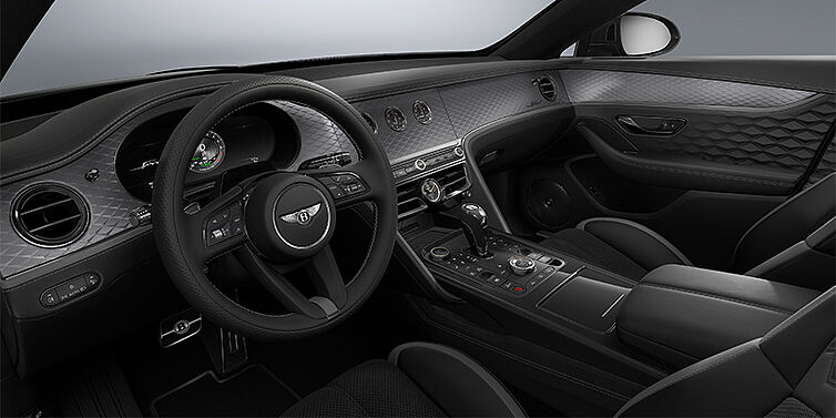 Bentley Berlin New Bentley Flying Spur Speed sedan front interior in Gravity Grey  and Beluga Black hides with Diamond Brushed Dark Tint Aluminium veneer