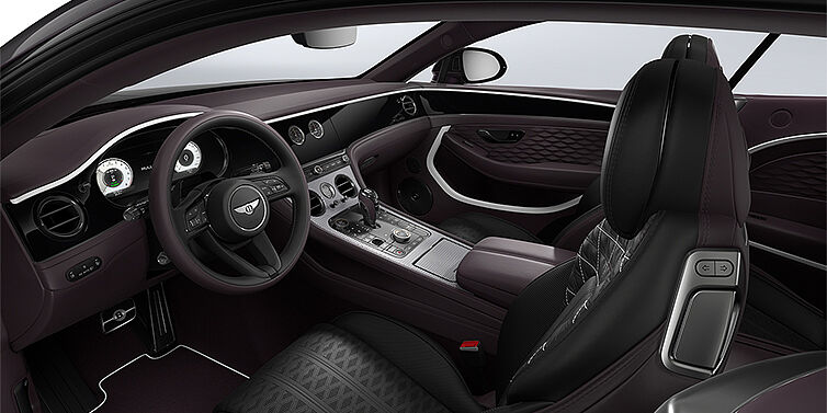 Bentley Berlin Bentley Continental GT Mulliner coupe front interior in Beluga black and Damson hides with white accent hide