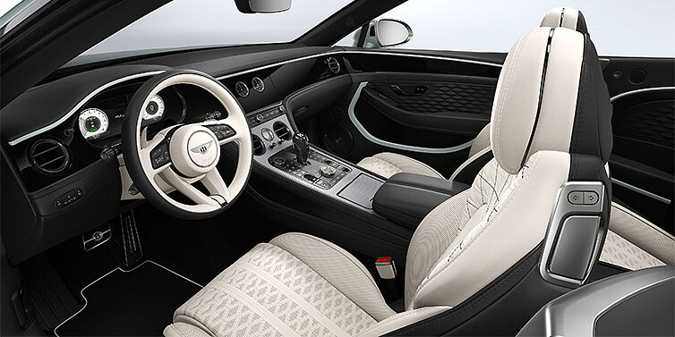 Bentley Berlin Bentley Continental GTC Mulliner convertible front interior in Linen and Beluga black hides with Breeze accent hide