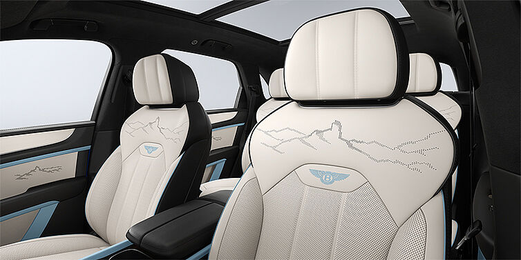 Bentley Berlin Bentley Bentayga Artenara Edition SUV front seats in Linen and Beluga Black hides with Light Blue accents and Artenara stitch detail