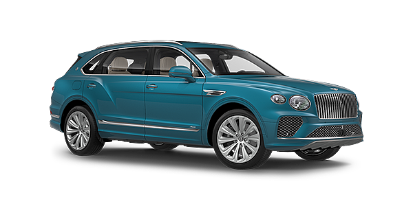 Bentley Berlin Bentayga Extended Wheelbase Azure luxury SUV front three quarter in Topaz Blue by Mulliner paint