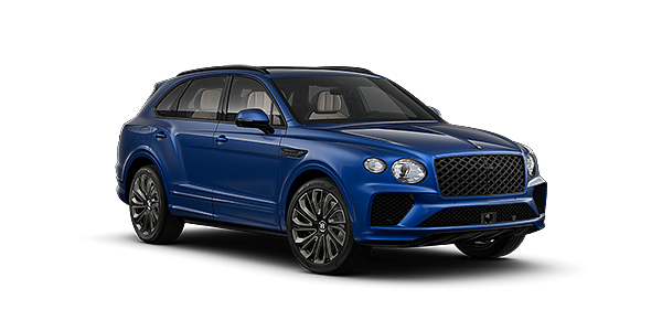 Bentley Berlin  Bentayga Artenara Edition SUV in Sequin Blue paint with 22" Mulliner Gloss black wheel front 3/4