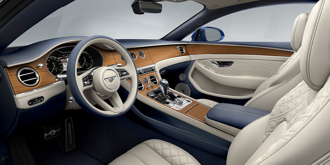 Bentley Berlin Bentley Continental GT Azure coupe front interior in Imperial Blue and linen hide