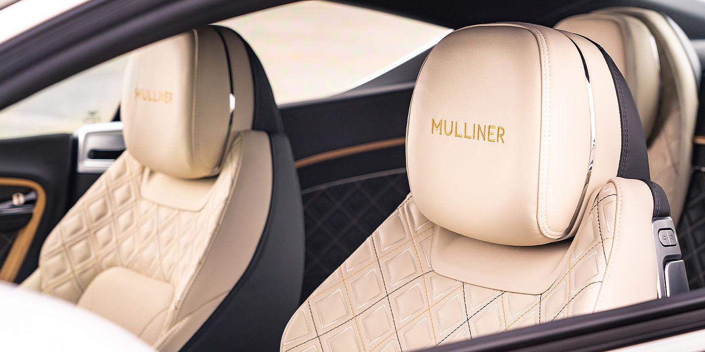 Bentley Berlin Bentley Continental GT Mulliner coupe seat detail in Beluga black and Linen hide