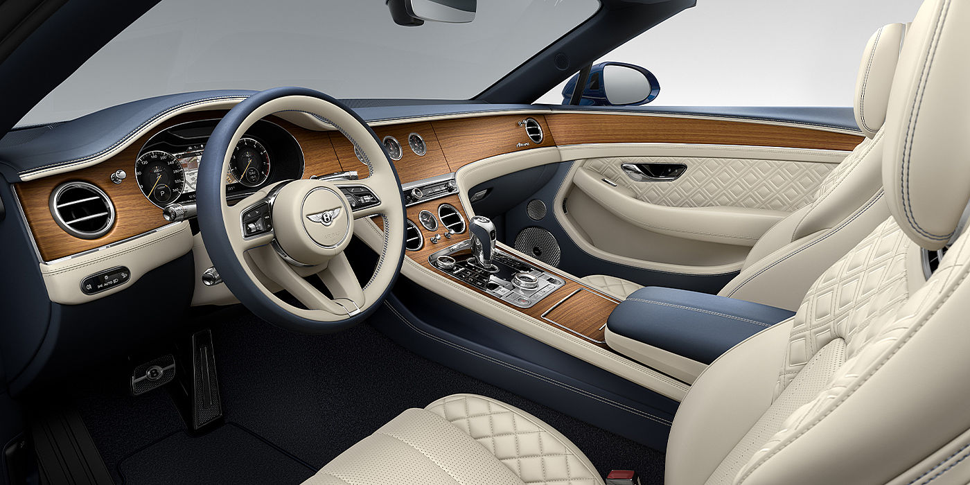 Bentley Berlin Bentley Continental GTC Azure convertible front interior in Imperial Blue and Linen hide