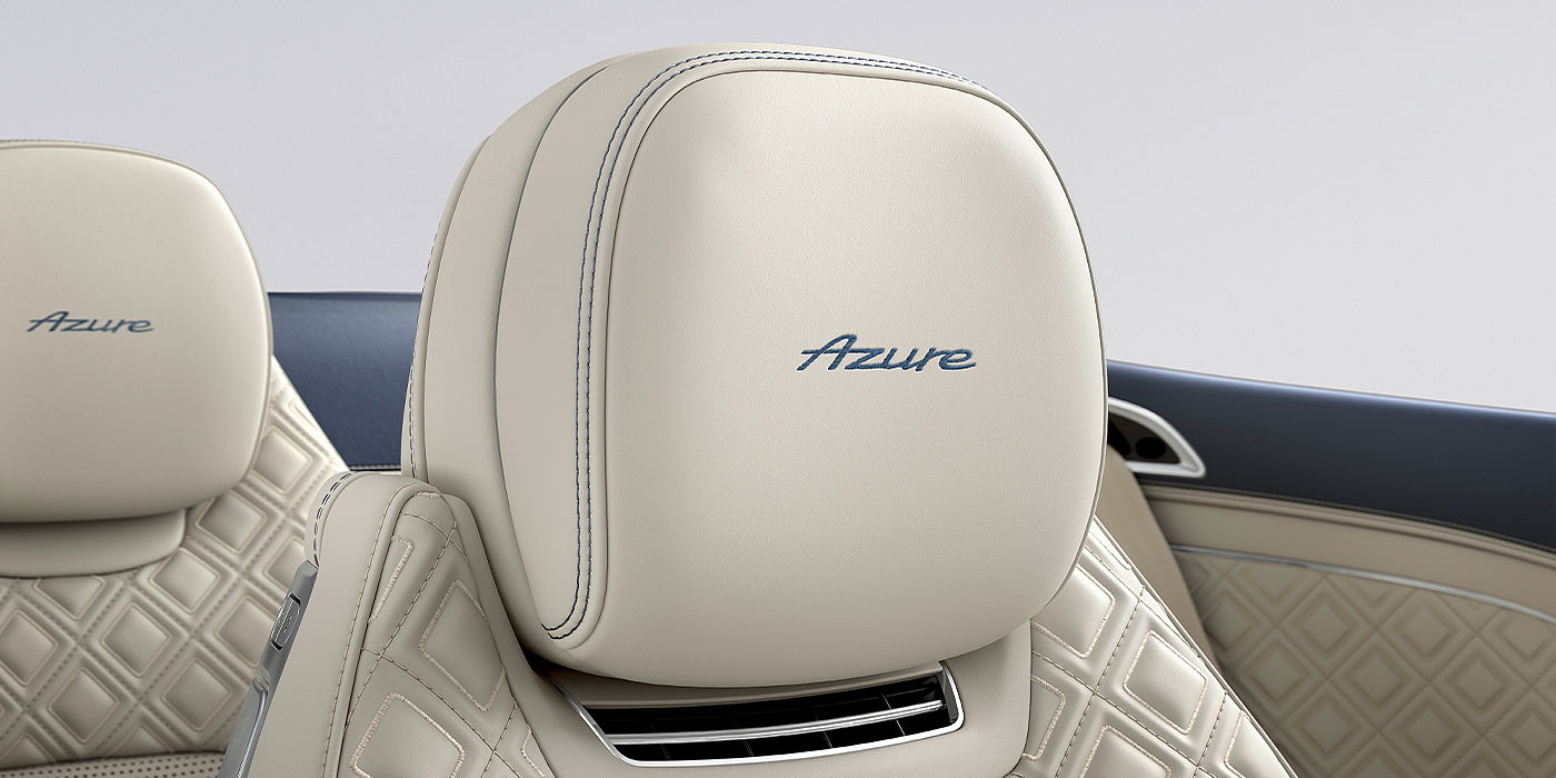 Bentley Berlin Bentley Continental GTC Azure convertible seat detail in Linen hide with Azure emblem