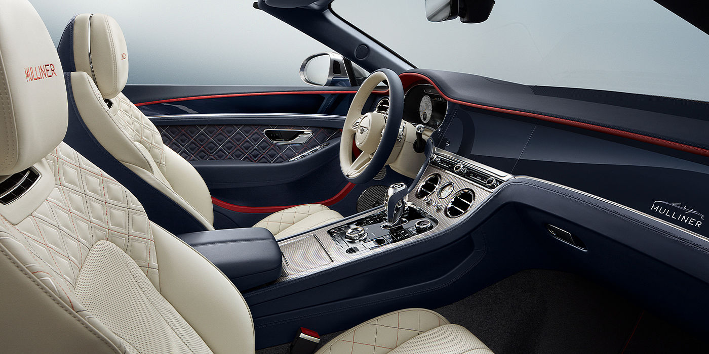Bentley Berlin Bentley Continental GTC Mulliner convertible front interior in Imperial Blue and Linen hide