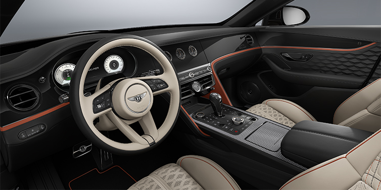 Bentley Berlin New Bentley Flying Spur Mulliner sedan front interior in Portland and Beluga Black hides with Grand Black veneer