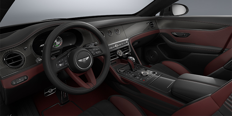 Bentley Berlin New Bentley Flying Spur S sedan front interior in Cricket Ball red  and Beluga Black hides with Diamond Brushed Dark Tint Aluminium veneer