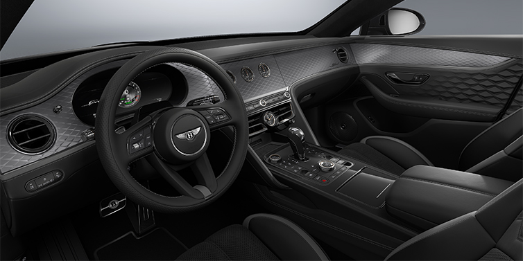 Bentley Berlin New Bentley Flying Spur Speed sedan front interior in Gravity Grey  and Beluga Black hides with Diamond Brushed Dark Tint Aluminium veneer