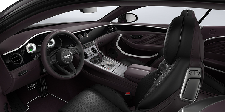 Bentley Berlin Bentley Continental GT Mulliner coupe front interior in Beluga black and Damson hides with white accent hide
