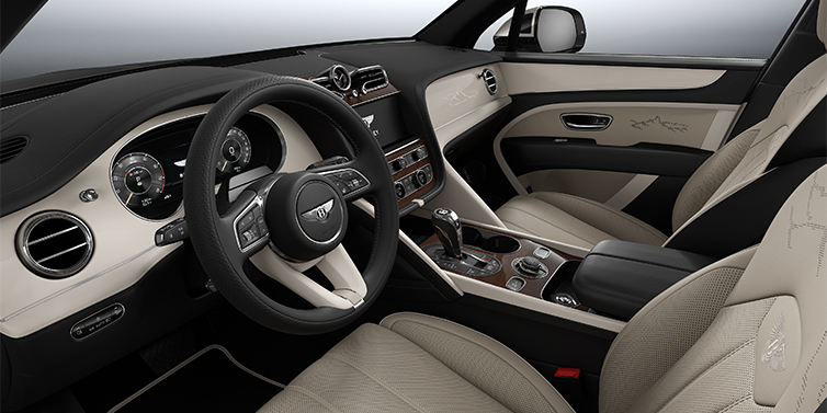 Bentley Berlin Bentayga EWB Artenara Edition SUV front interior in Portand and Beluga Black hides with Piano Linen veneer