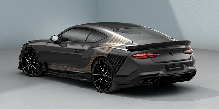 Bentley Berlin Bentley Supersports rear three quarter in "Nightfall Design theme with Anthracite paint and Beluga black and Camel brown paint stripes across the rear haunch.