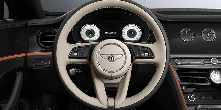 Bentley Berlin New Bentley Flying Spur Mulliner sedan steering wheel and dash in Portland and Beluga Black hides and Grand Black veneer