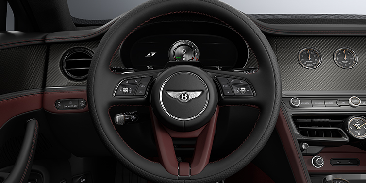 Bentley Berlin New Bentley Flying Spur S sedan steering wheel and dash in Cricket Ball red and Beluga black hides and High Gloss Carbon Fibre veneer