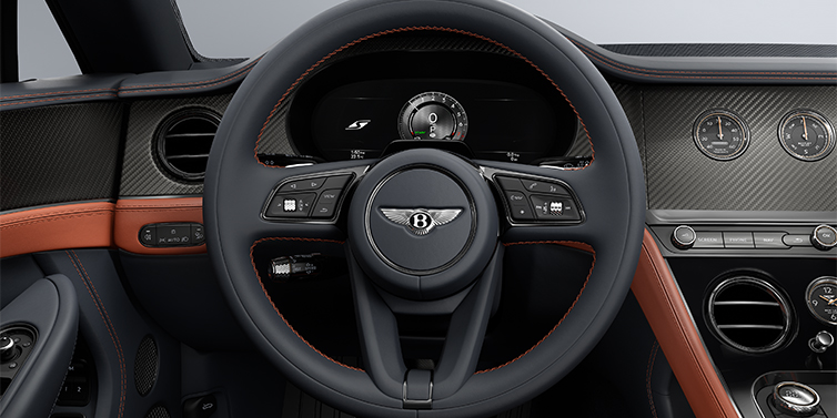 Bentley Berlin Bentley Continental GTC S convertible steering wheel and dash in Newmarket Tan and Beluga Black hides with Carbon Fibre veneer